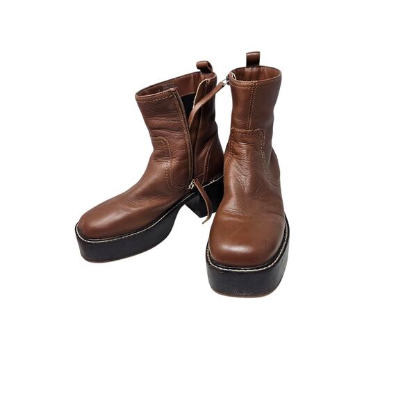 Topshop 38 Brown Leather Chunky Boot Whimsygoth Grunge Boho Platform Y2K Style - Picture 6 of 7